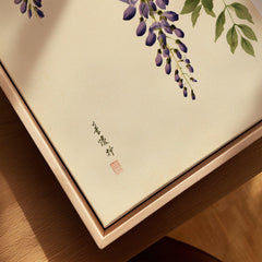 Japanese Wisteria Wall Art – Vintage Botanical Art Print — closeup framed canvas natural wood floating frame
