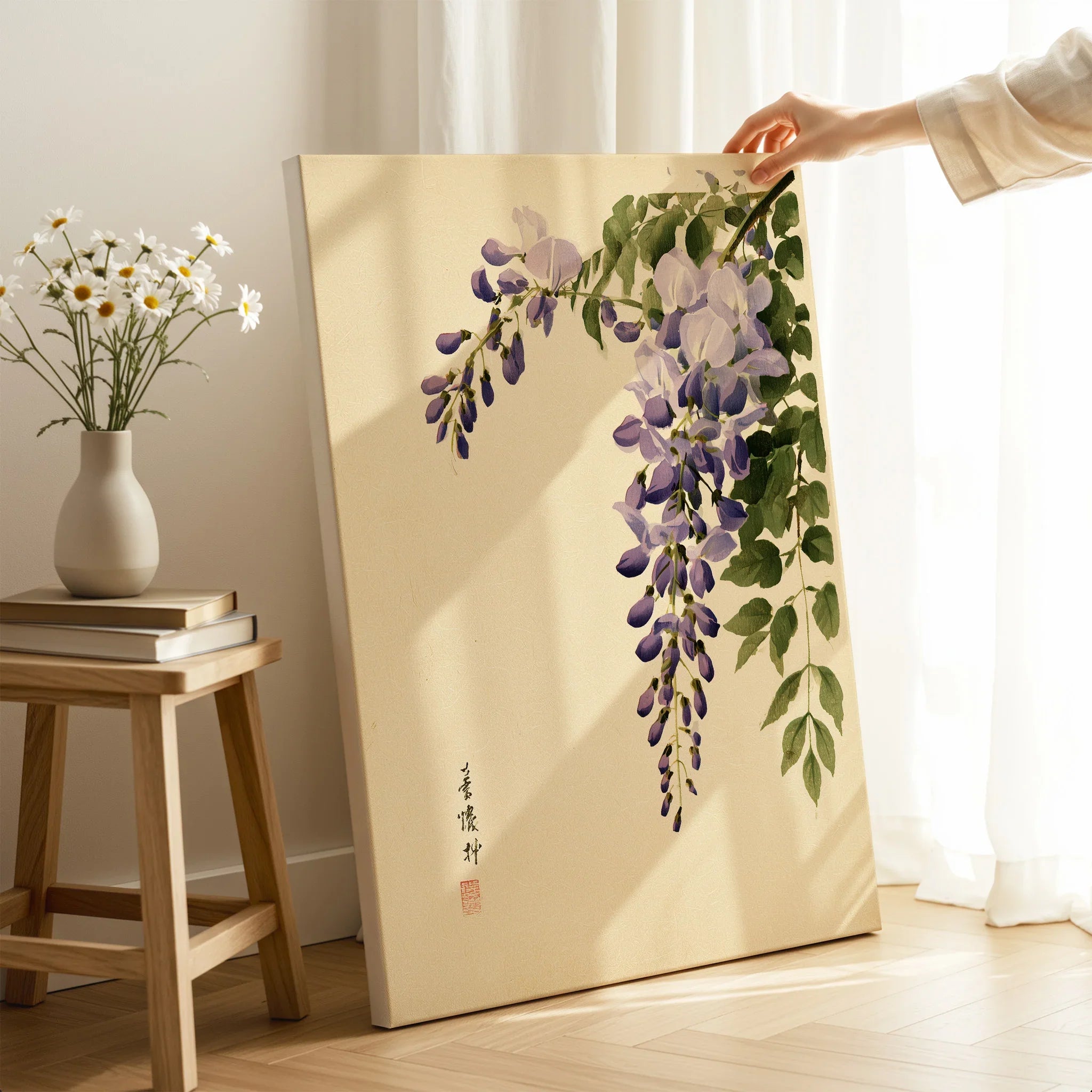 Japanese Wisteria Wall Art – Vintage Botanical Art Print — canvas print mirror edge hand holding room setting