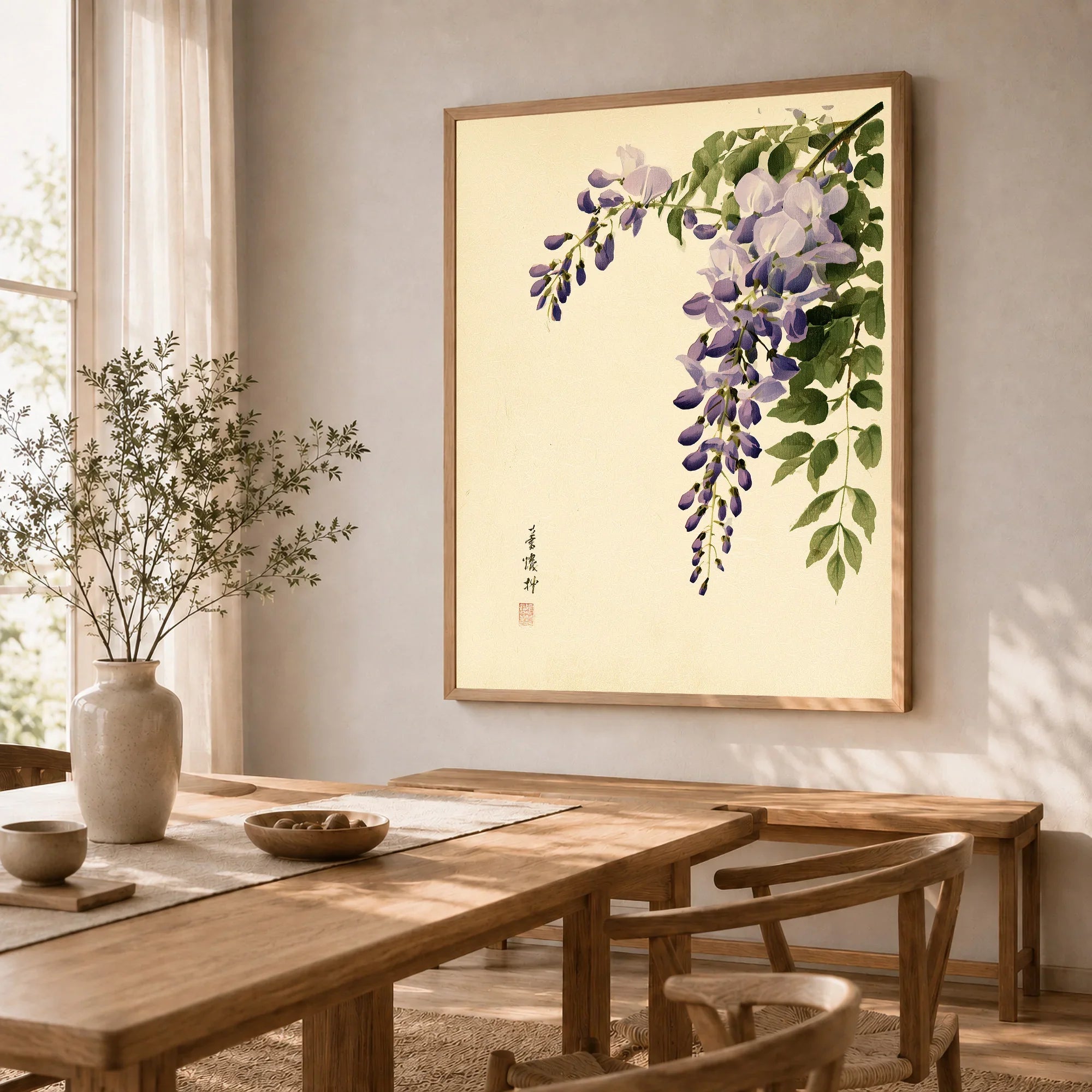 Japanese Wisteria Wall Art – Vintage Botanical Art Print — dining room framed print natural wood frame