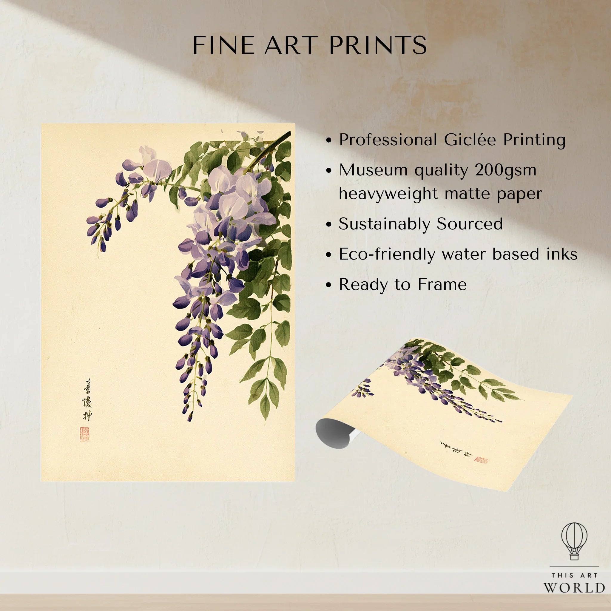 Japanese Wisteria Wall Art – Vintage Botanical Art Print — fine art print unframed quality details