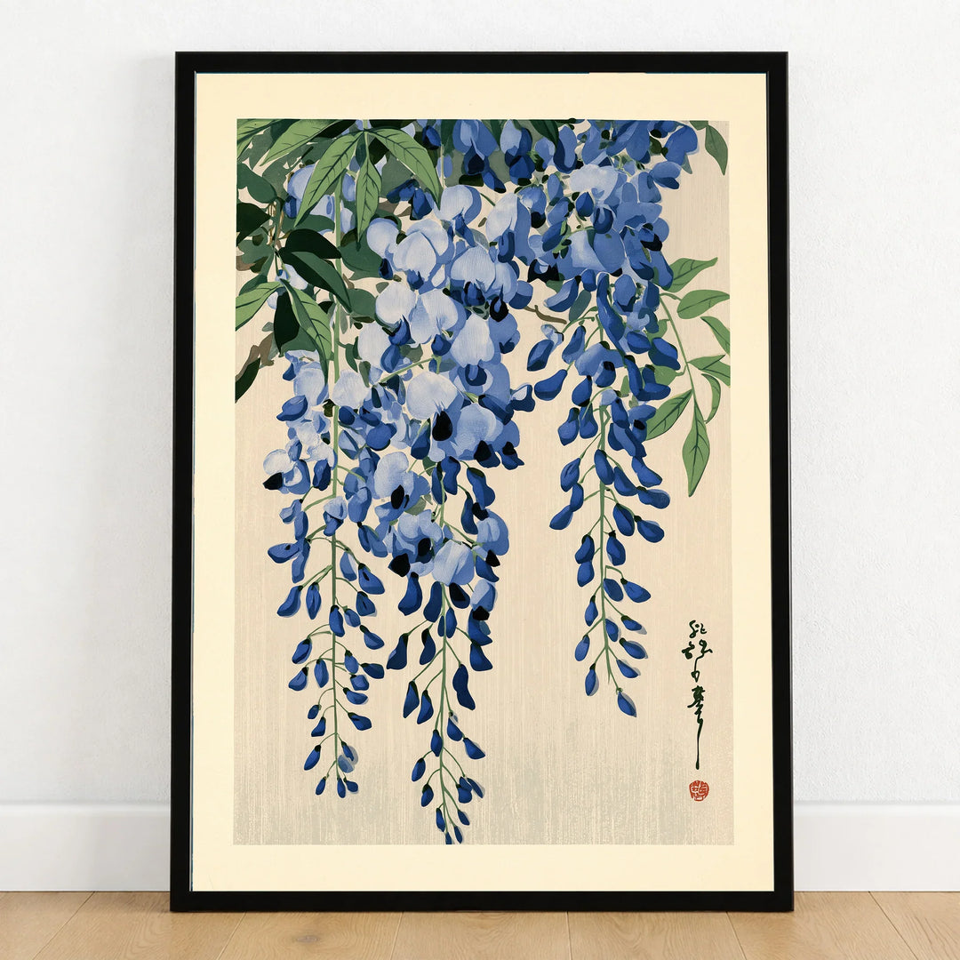 Japanese Wisteria Art Print – Blue Floral Botanical Wall Art — art print in black frame on wooden floor