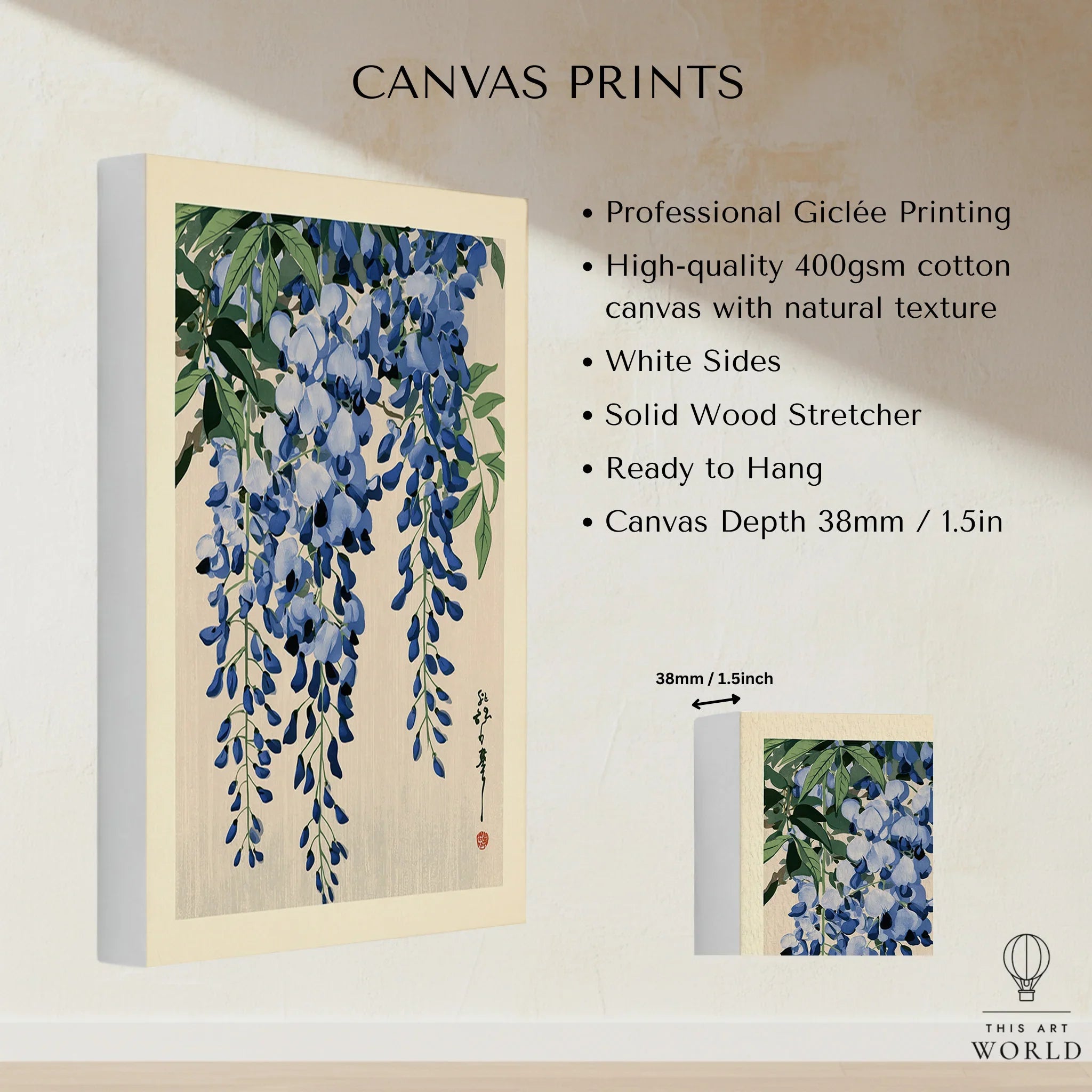Japanese Wisteria Art Print – Blue Floral Botanical Wall Art — canvas print stretched cotton canvas details
