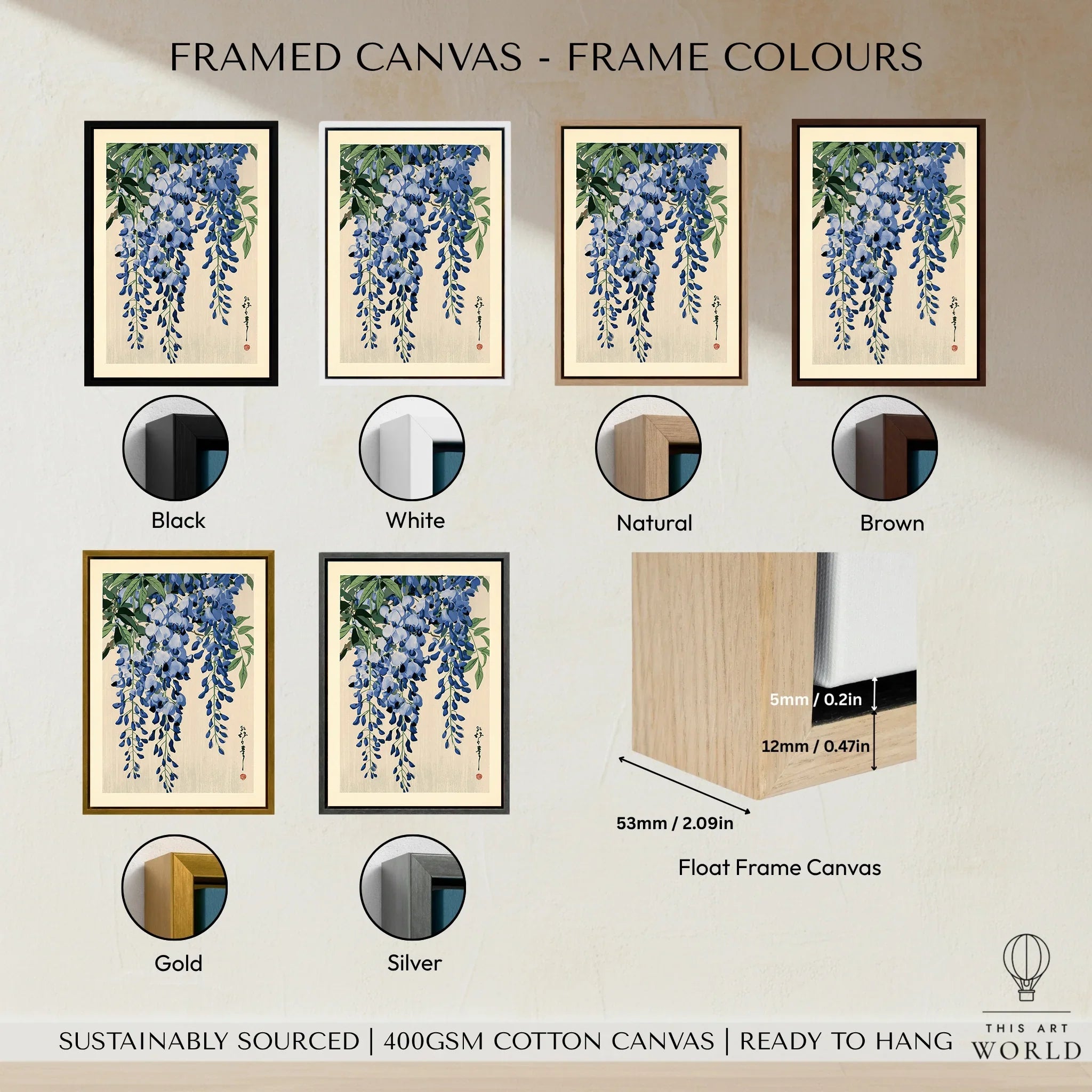 Japanese Wisteria Art Print – Blue Floral Botanical Wall Art — framed canvas float frame colour options