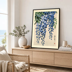 Japanese Wisteria Art Print – Blue Floral Botanical Wall Art — framed artwork living room lifestyle setting