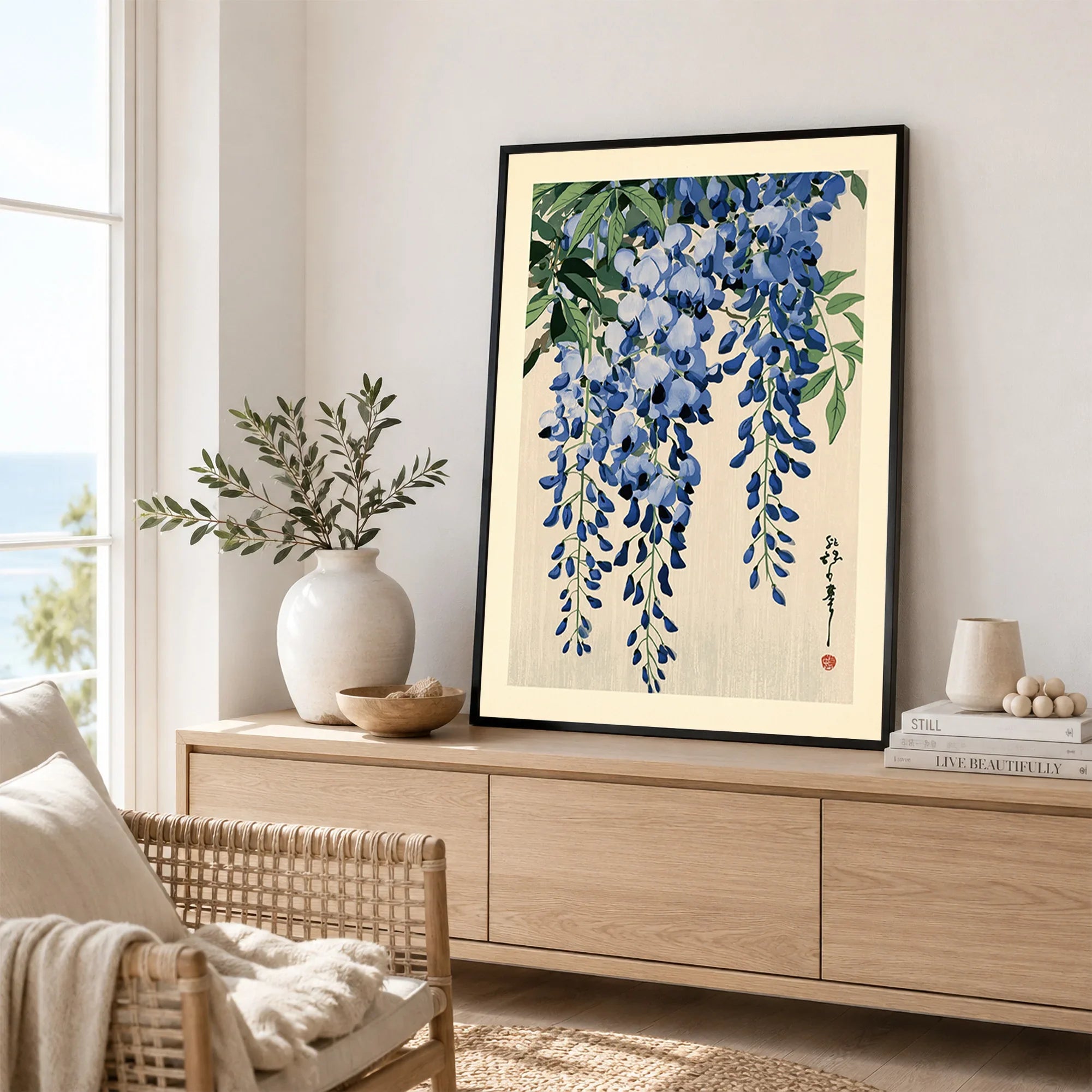 Japanese Wisteria Art Print – Blue Floral Botanical Wall Art — framed artwork living room lifestyle setting