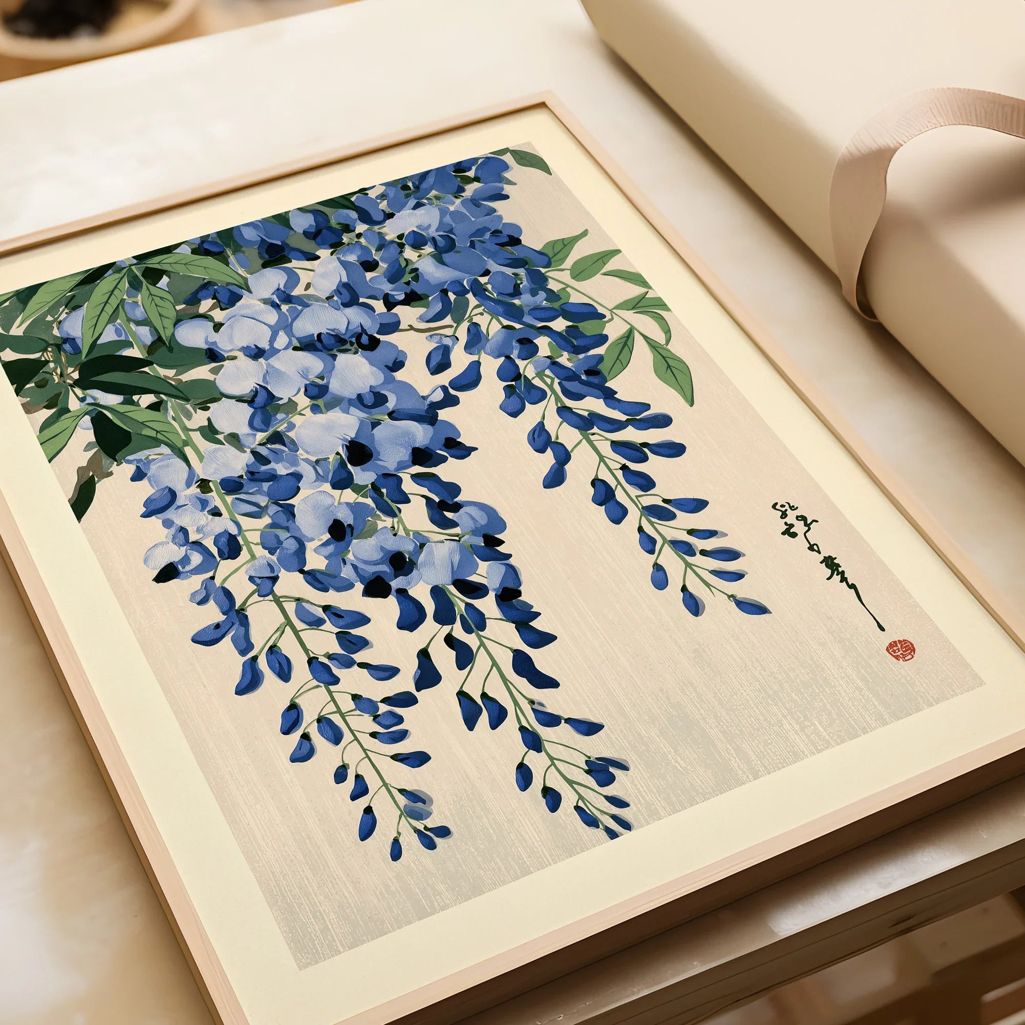 Japanese Wisteria Art Print – Blue Floral Botanical Wall Art — framed art print closeup gift unwrapped natural frame