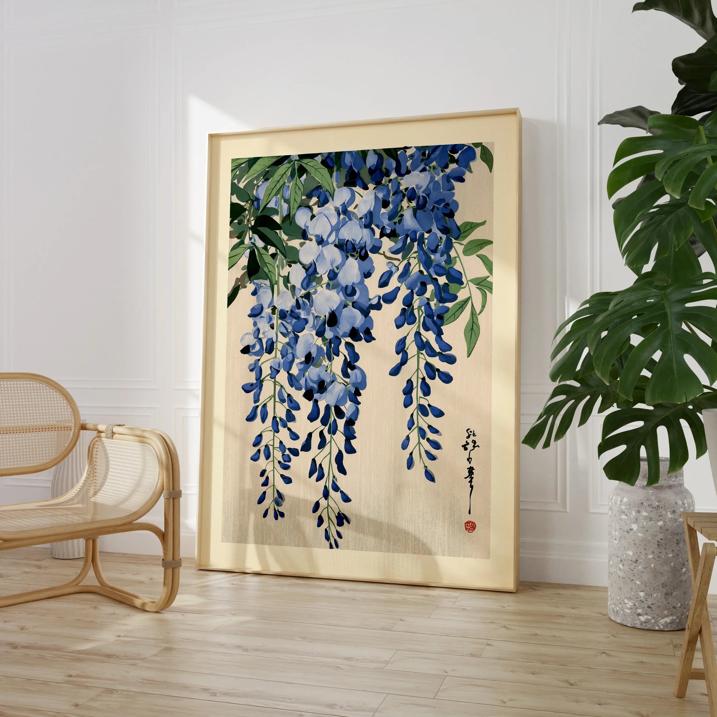 Japanese Wisteria Art Print – Blue Floral Botanical Wall Art — large framed print room setting chair plant