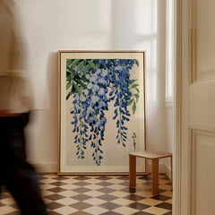 Japanese Wisteria Art Print – Blue Floral Botanical Wall Art — framed canvas on floor man walking past