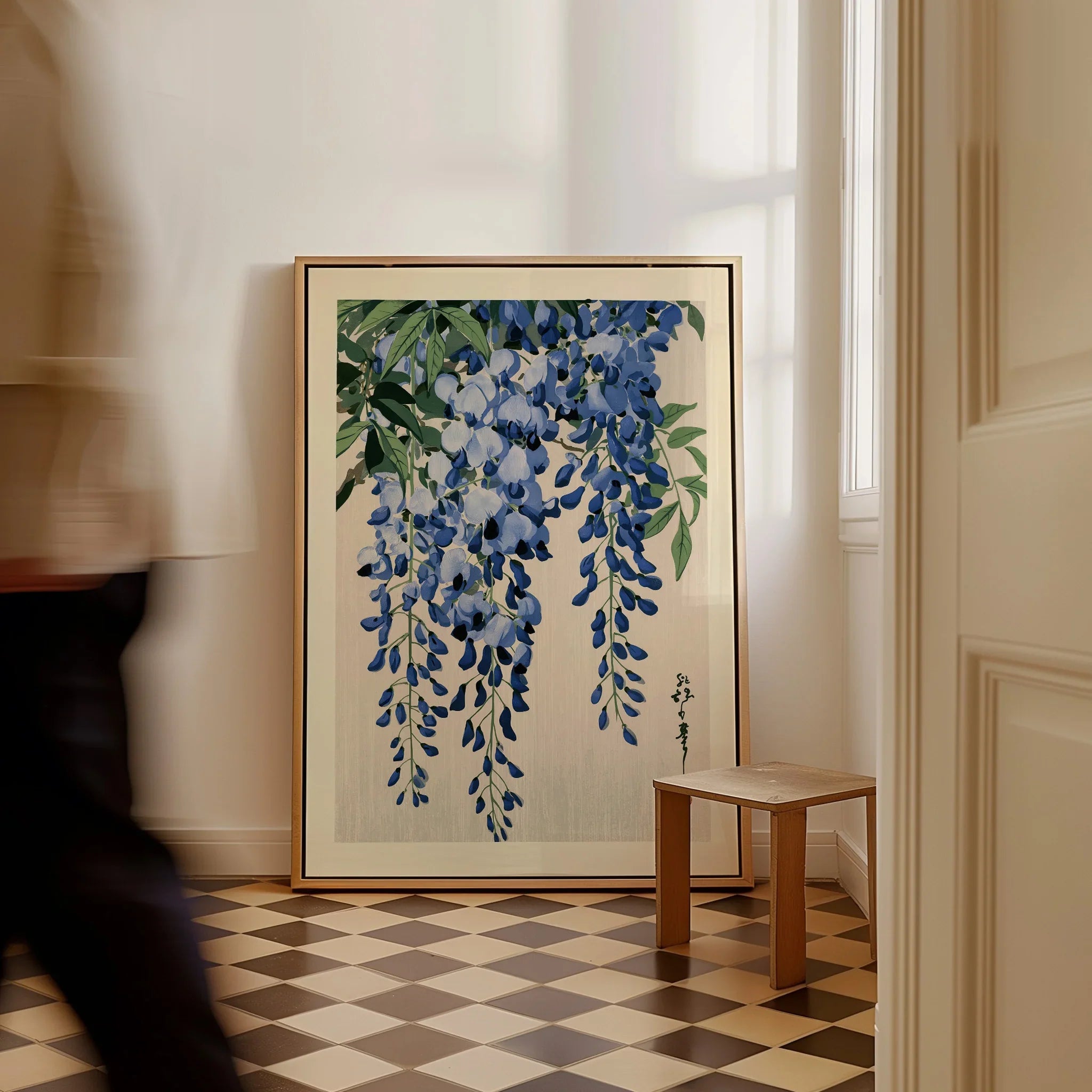 Japanese Wisteria Art Print – Blue Floral Botanical Wall Art — framed canvas on floor man walking past