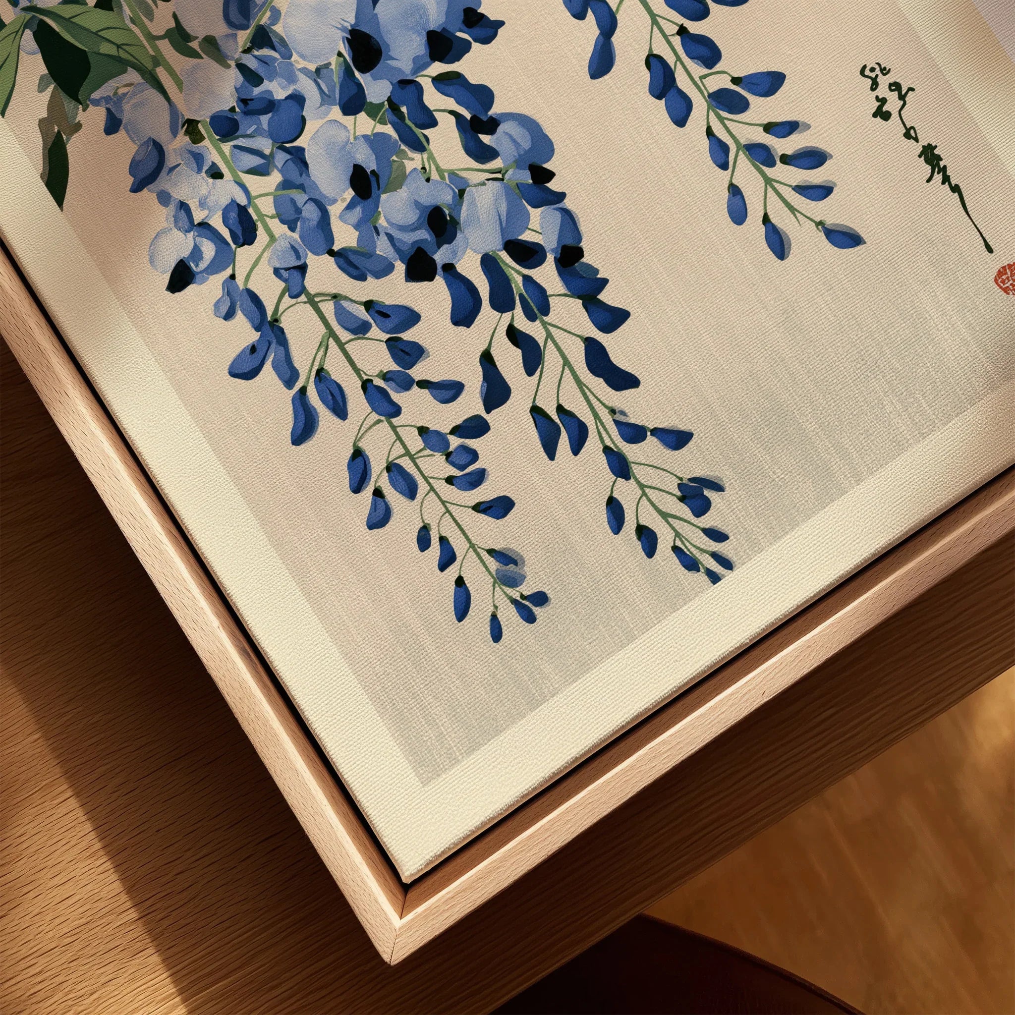 Japanese Wisteria Art Print – Blue Floral Botanical Wall Art — closeup framed canvas natural wood floating frame