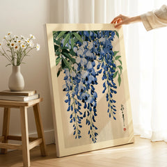 Japanese Wisteria Art Print – Blue Floral Botanical Wall Art — canvas print mirror edge hand holding room setting