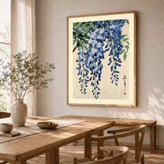 Japanese Wisteria Art Print – Blue Floral Botanical Wall Art — dining room framed print natural wood frame