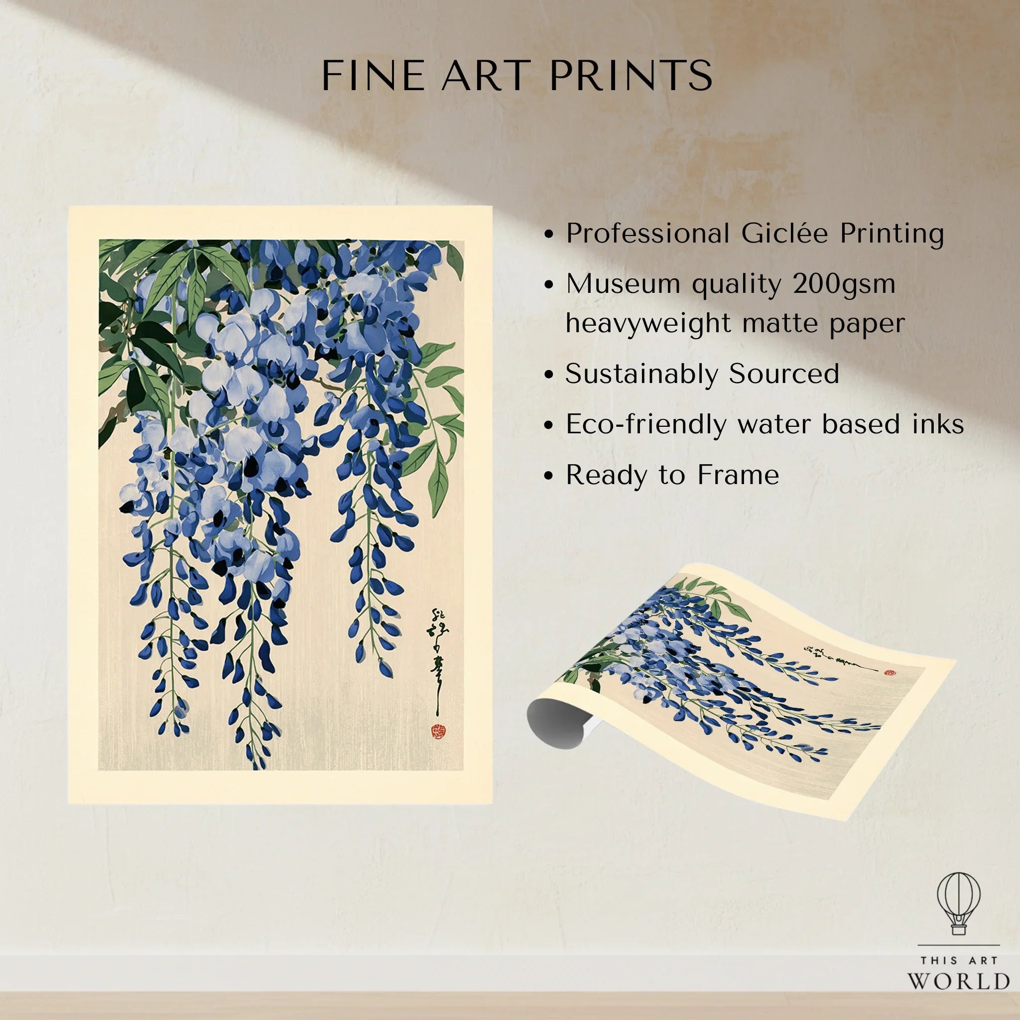 Japanese Wisteria Art Print – Blue Floral Botanical Wall Art — fine art print unframed quality details