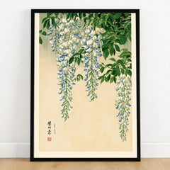 Japanese Wisteria Wall Art – Light Vintage Flower Print — art print in black frame on wooden floor