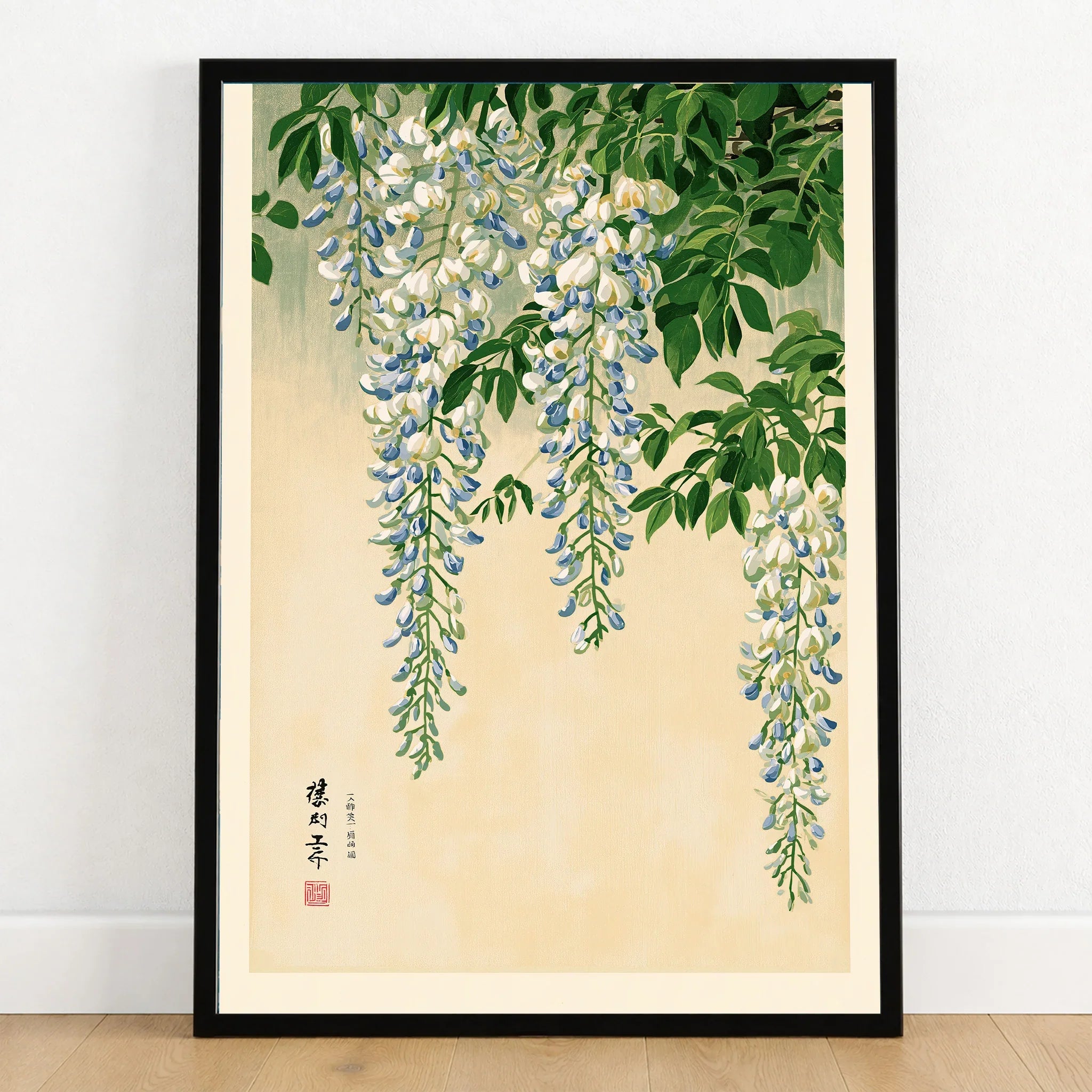 Japanese Wisteria Wall Art – Light Vintage Flower Print — art print in black frame on wooden floor