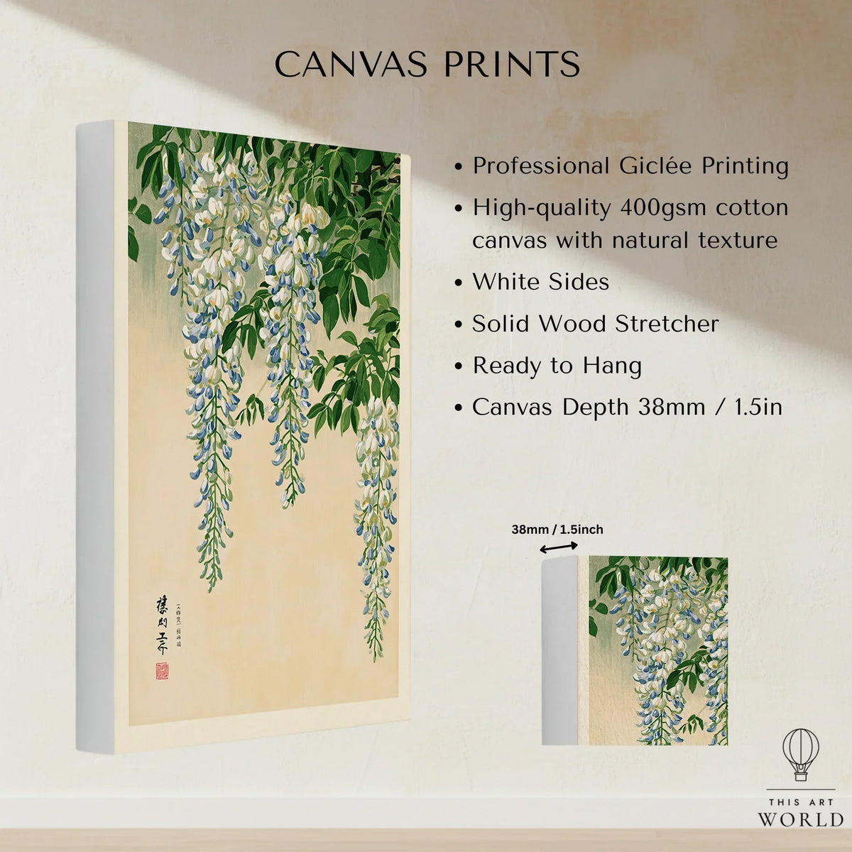 Japanese Wisteria Wall Art – Light Vintage Flower Print — canvas print stretched cotton canvas details