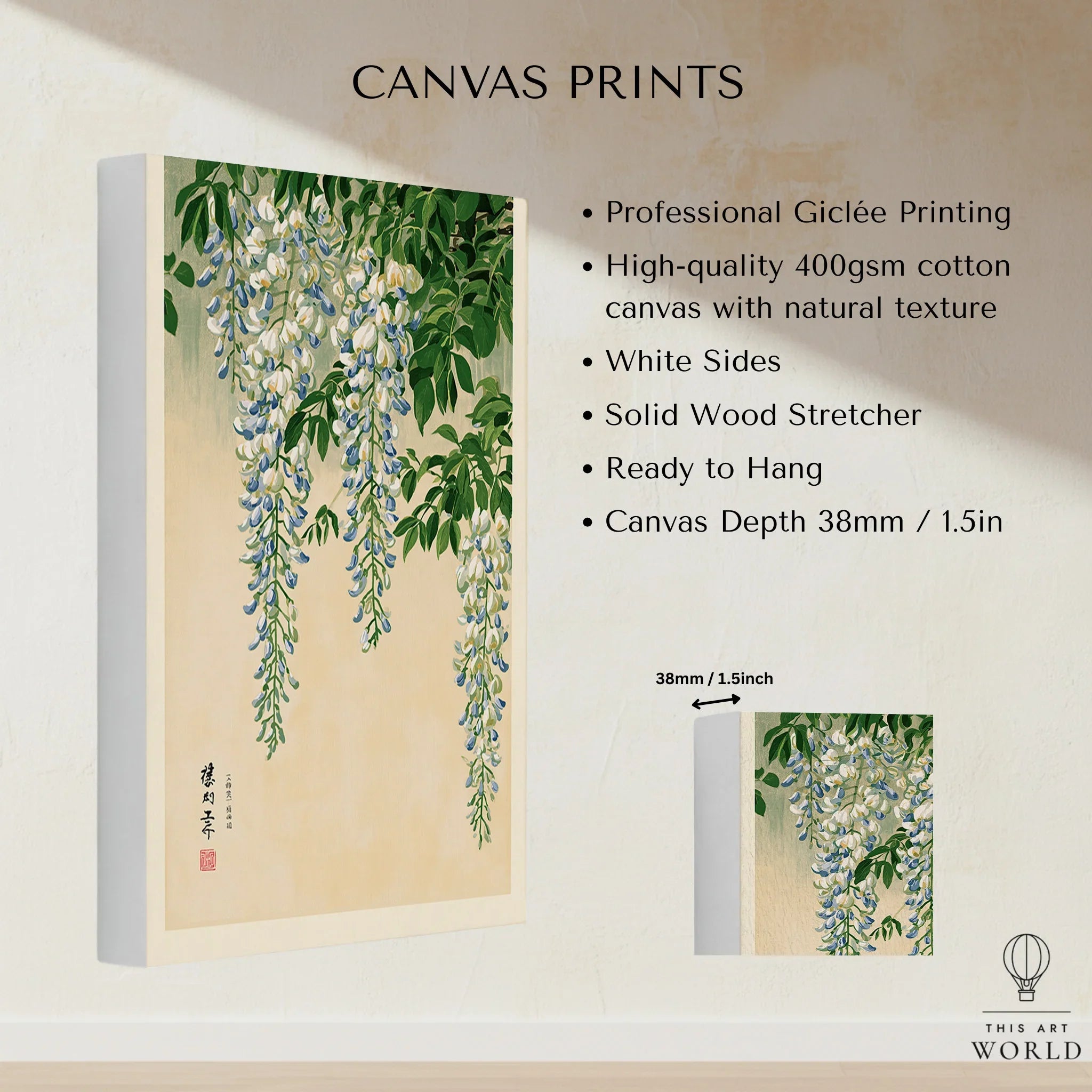 Japanese Wisteria Wall Art – Light Vintage Flower Print — canvas print stretched cotton canvas details