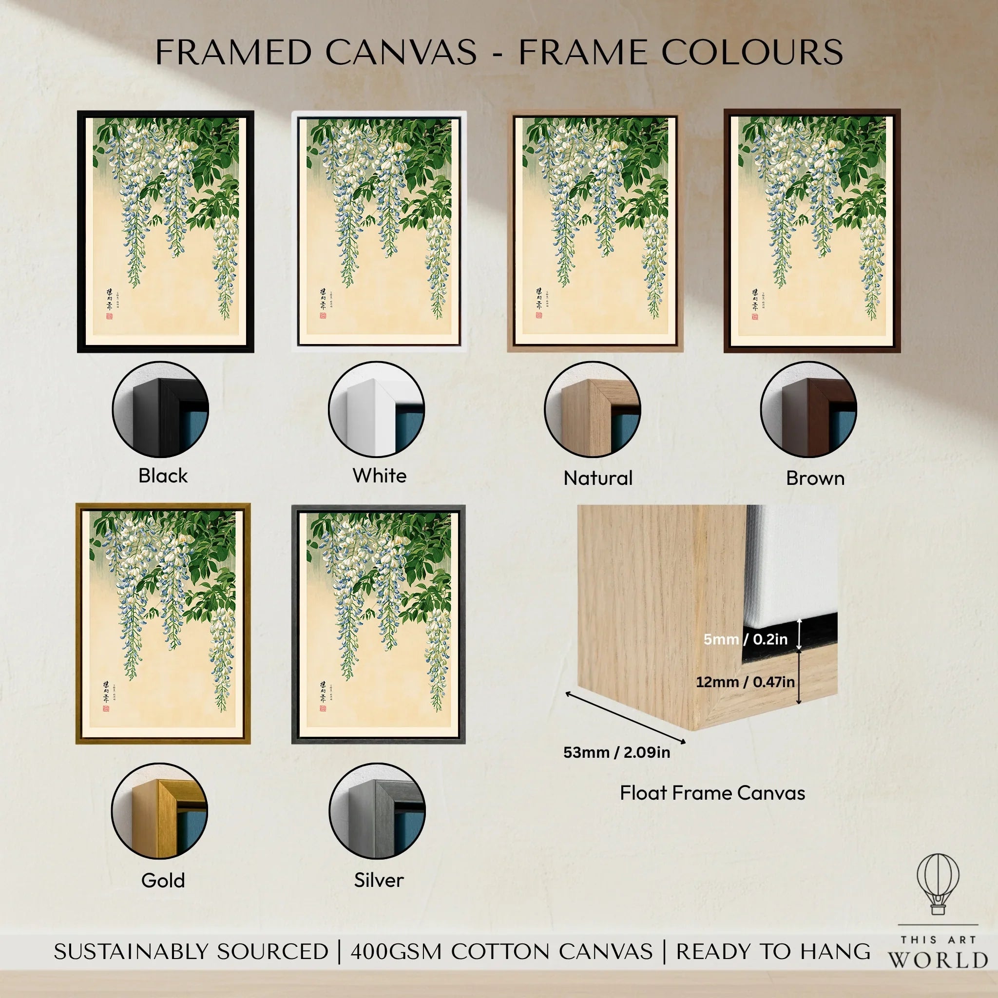 Japanese Wisteria Wall Art – Light Vintage Flower Print — framed canvas float frame colour options
