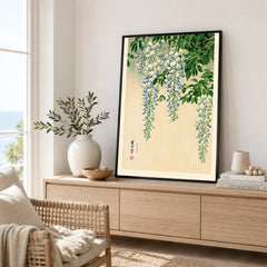 Japanese Wisteria Wall Art – Light Vintage Flower Print — framed artwork living room lifestyle setting