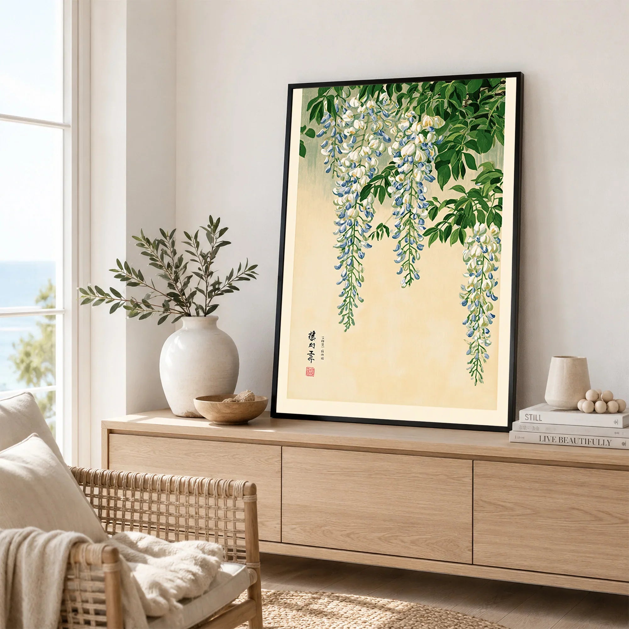 Japanese Wisteria Wall Art – Light Vintage Flower Print — framed artwork living room lifestyle setting