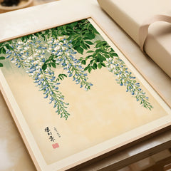 Japanese Wisteria Wall Art – Light Vintage Flower Print — framed art print closeup gift unwrapped natural frame