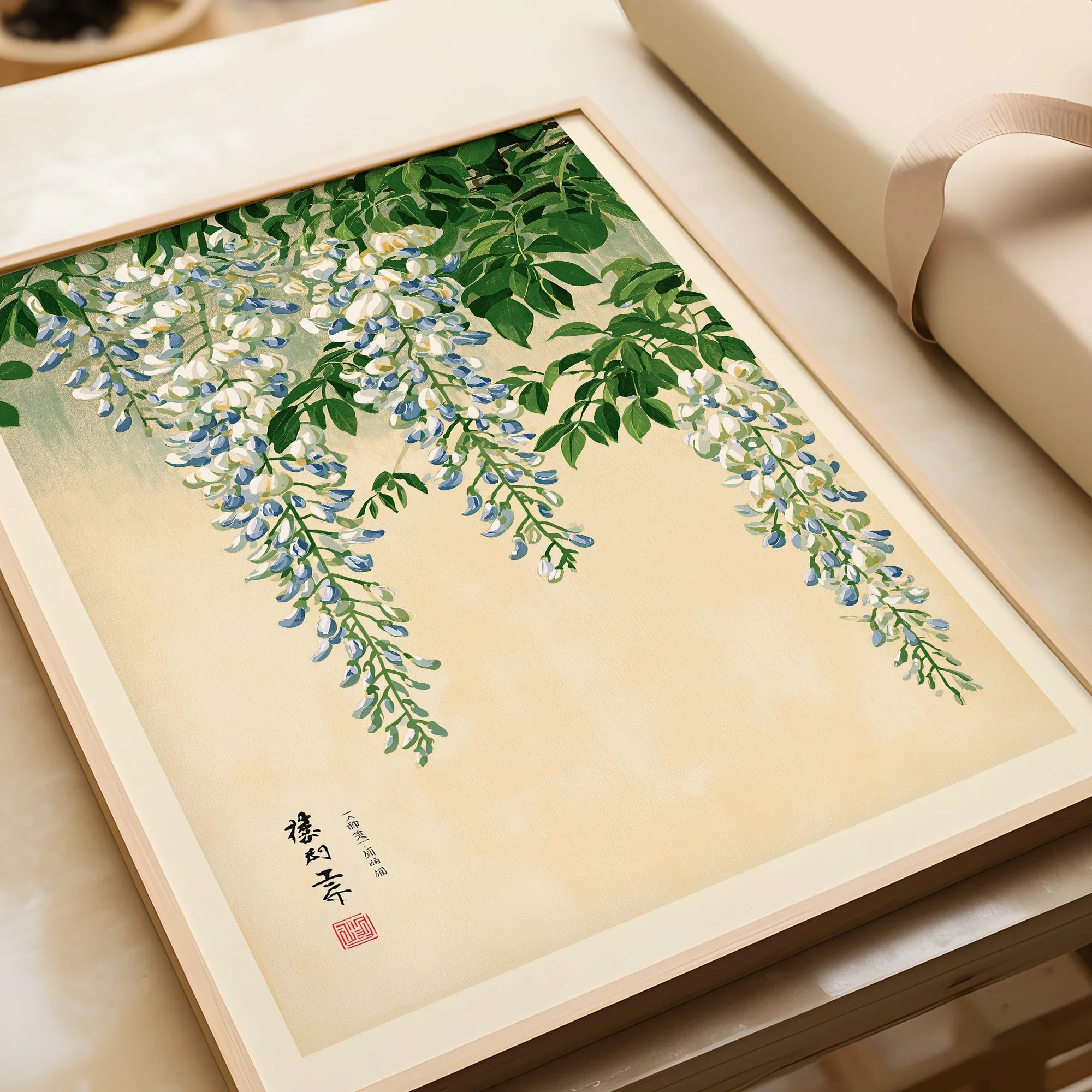 Japanese Wisteria Wall Art – Light Vintage Flower Print — framed art print closeup gift unwrapped natural frame