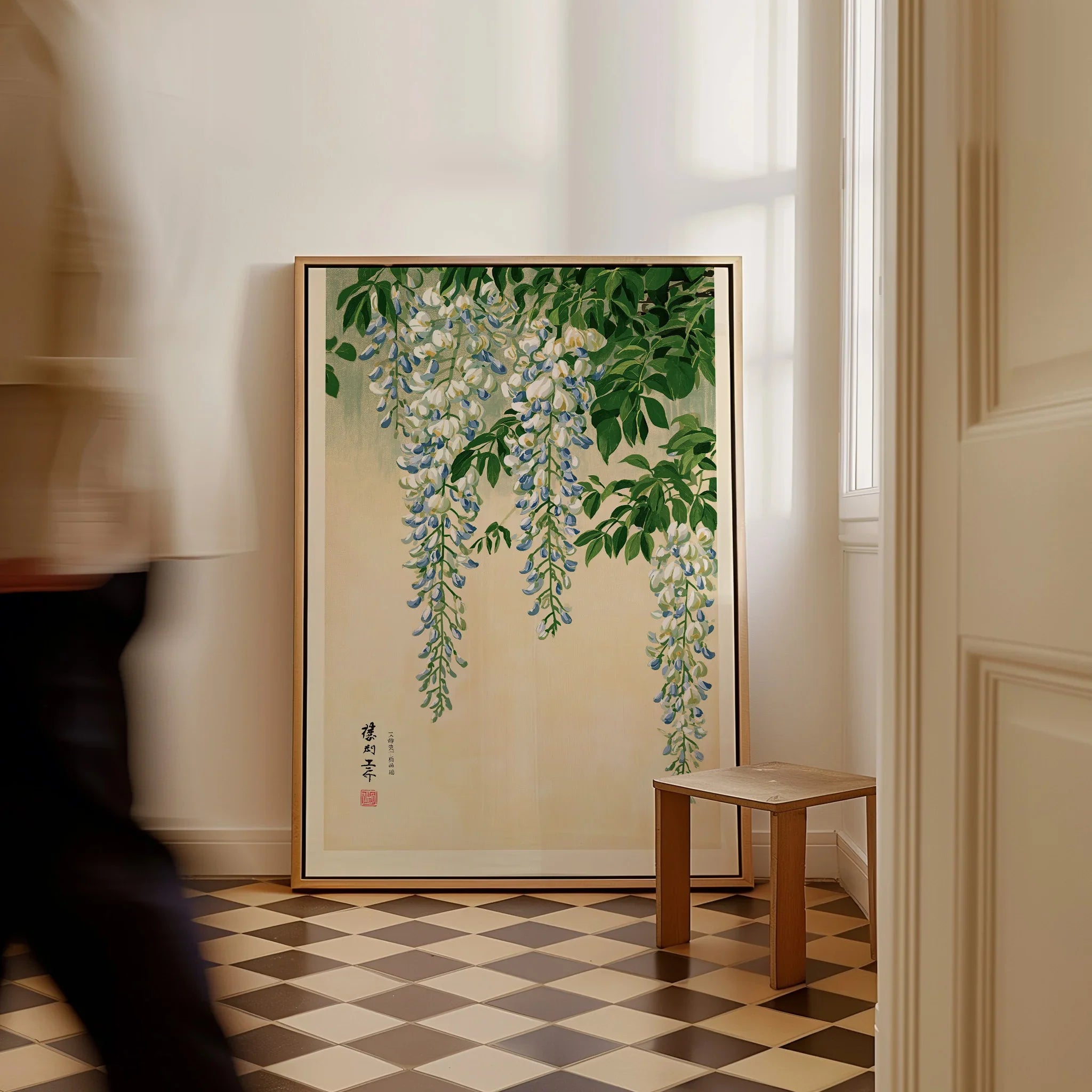 Japanese Wisteria Wall Art – Light Vintage Flower Print — framed canvas on floor man walking past