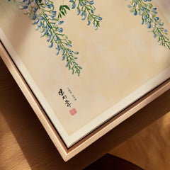 Japanese Wisteria Wall Art – Light Vintage Flower Print — closeup framed canvas natural wood floating frame