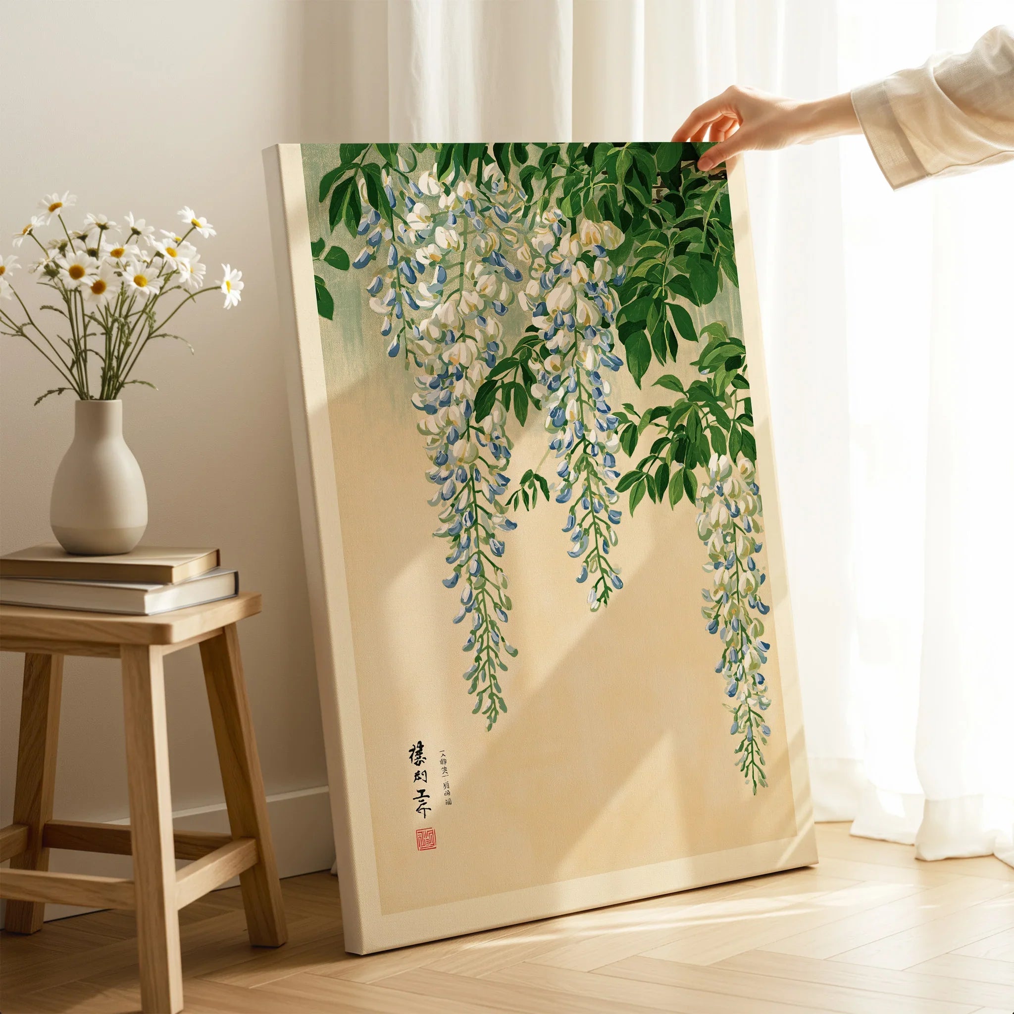 Japanese Wisteria Wall Art – Light Vintage Flower Print — canvas print mirror edge hand holding room setting