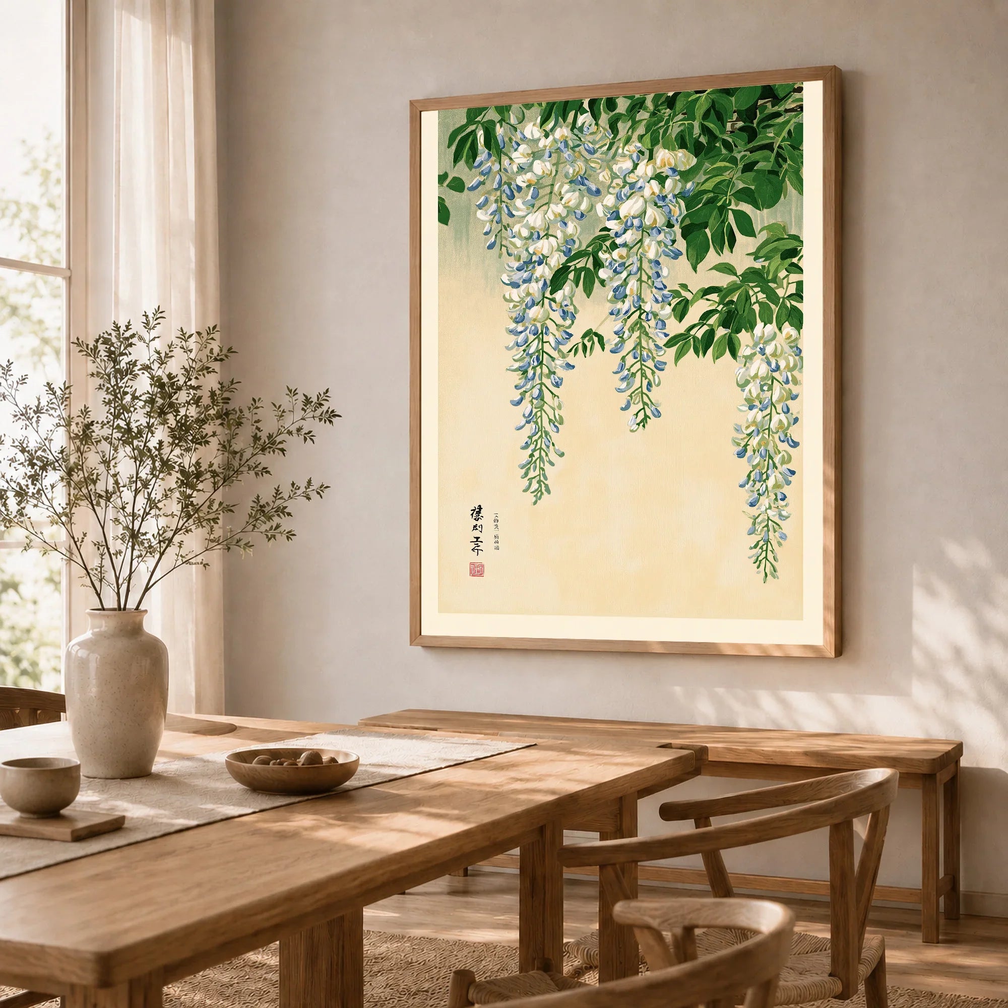 Japanese Wisteria Wall Art – Light Vintage Flower Print — dining room framed print natural wood frame