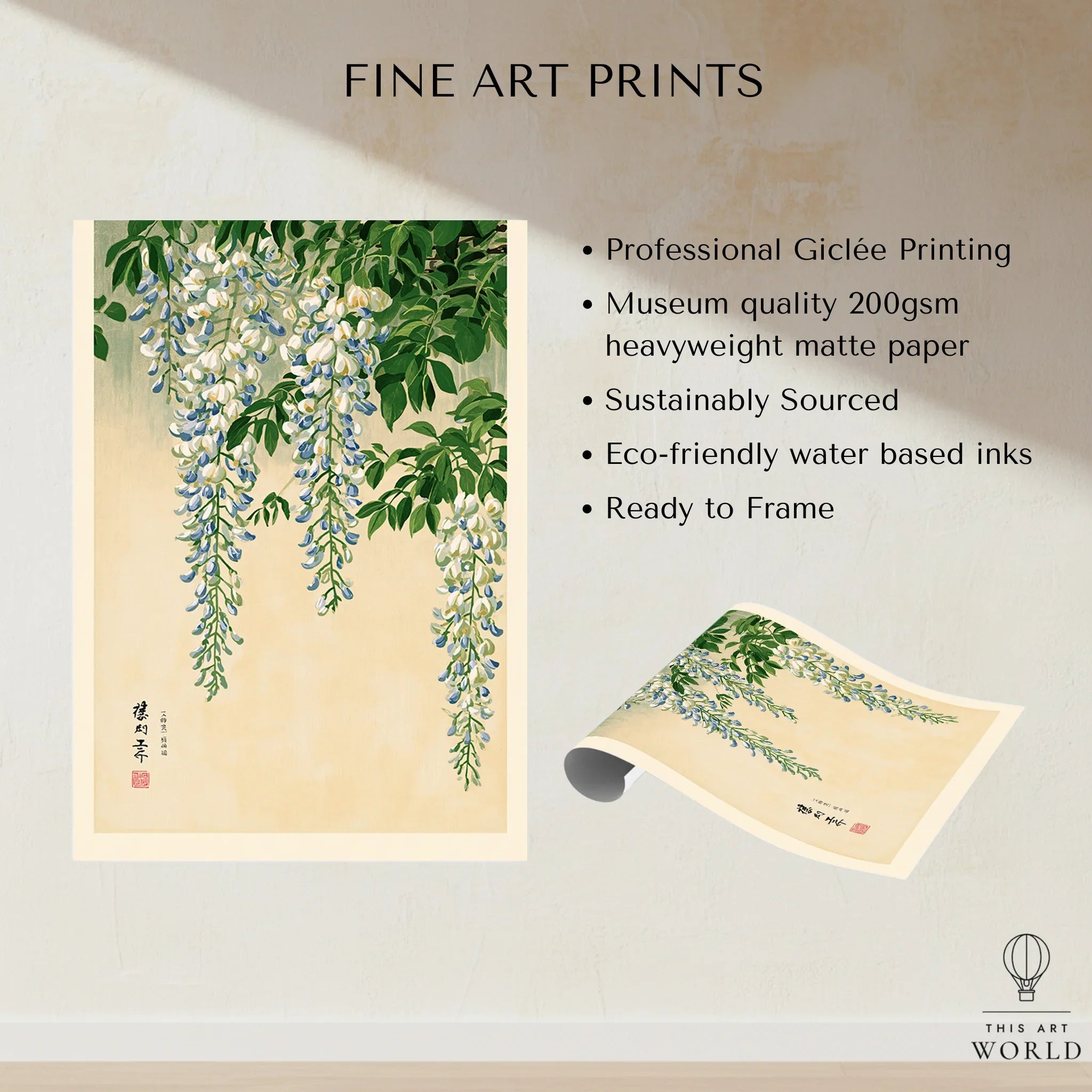 Japanese Wisteria Wall Art – Light Vintage Flower Print — fine art print unframed quality details