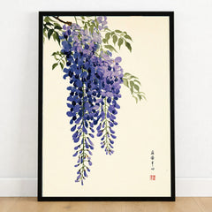 Japanese Wisteria Art Print – Deep Blue Botanical Wall Art — art print in black frame on wooden floor