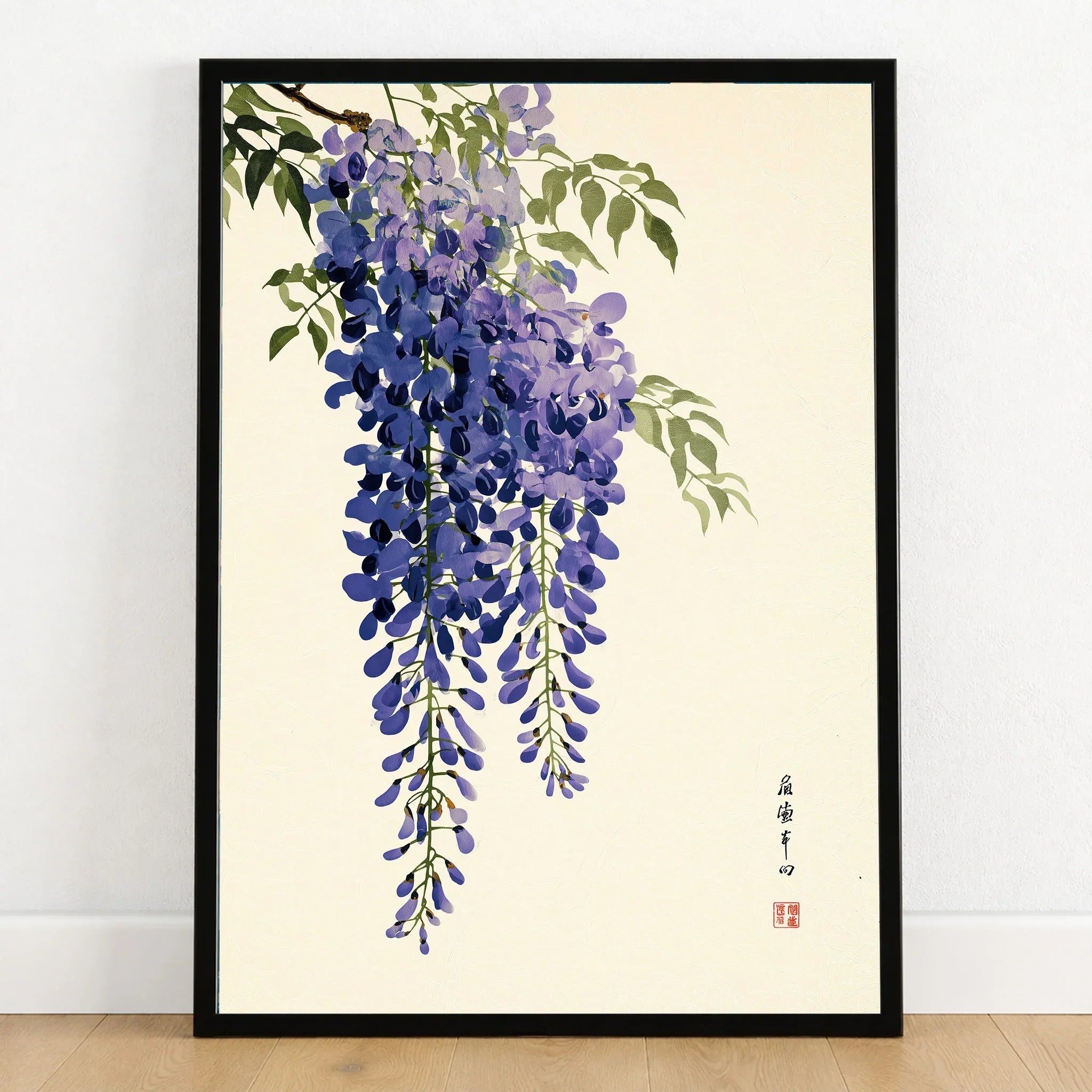 Japanese Wisteria Art Print – Deep Blue Botanical Wall Art — art print in black frame on wooden floor