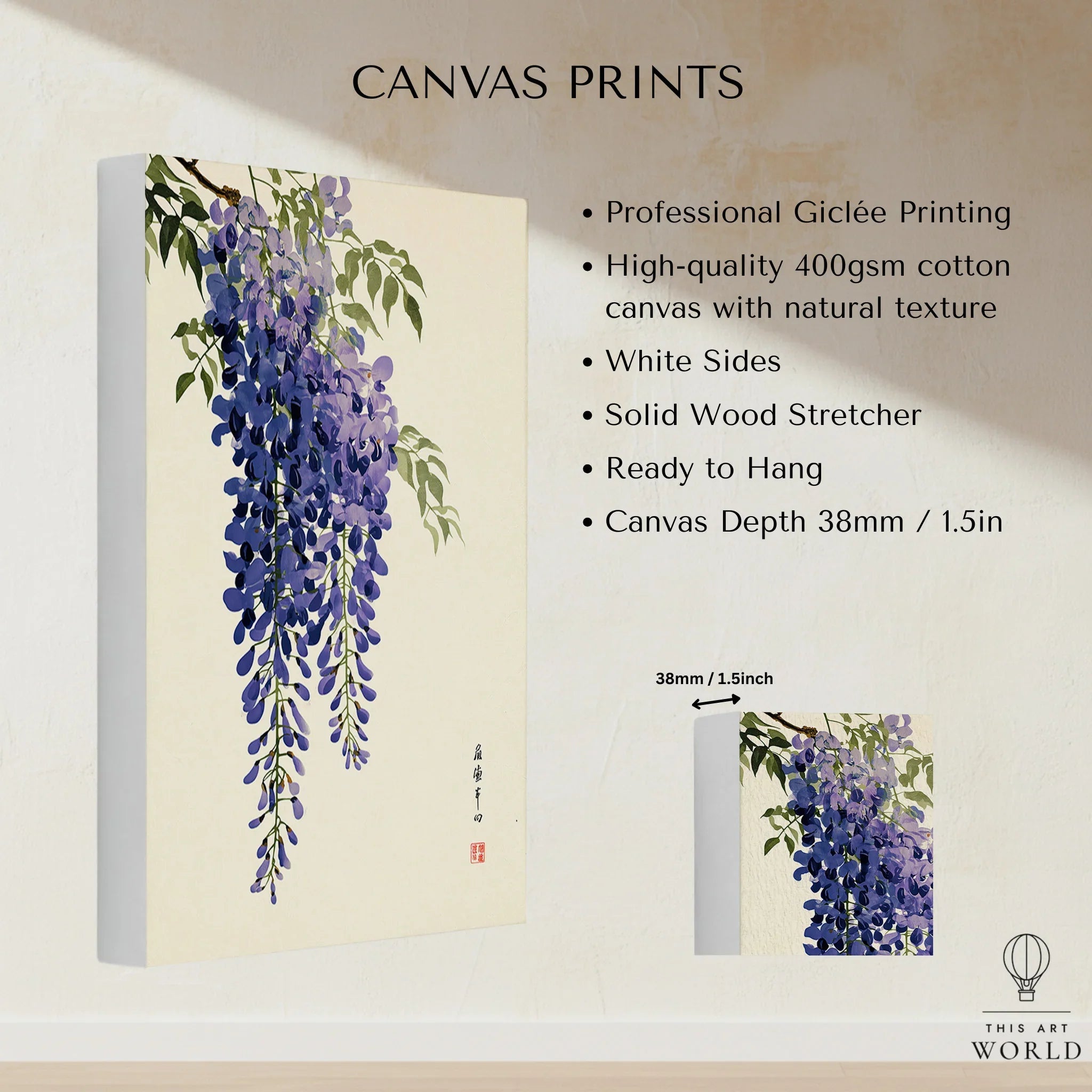 Japanese Wisteria Art Print – Deep Blue Botanical Wall Art — canvas print stretched cotton canvas details