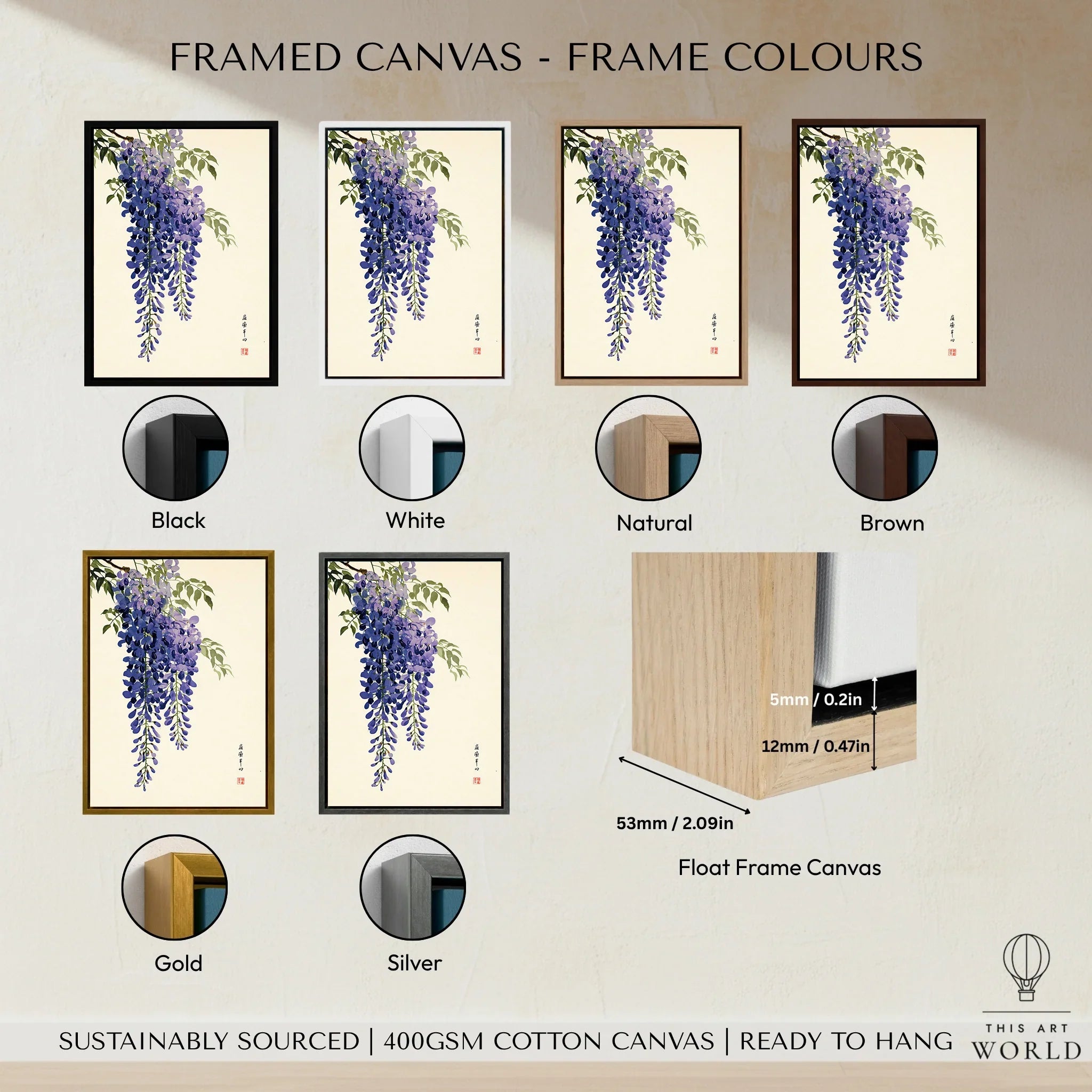 Japanese Wisteria Art Print – Deep Blue Botanical Wall Art — framed canvas float frame colour options