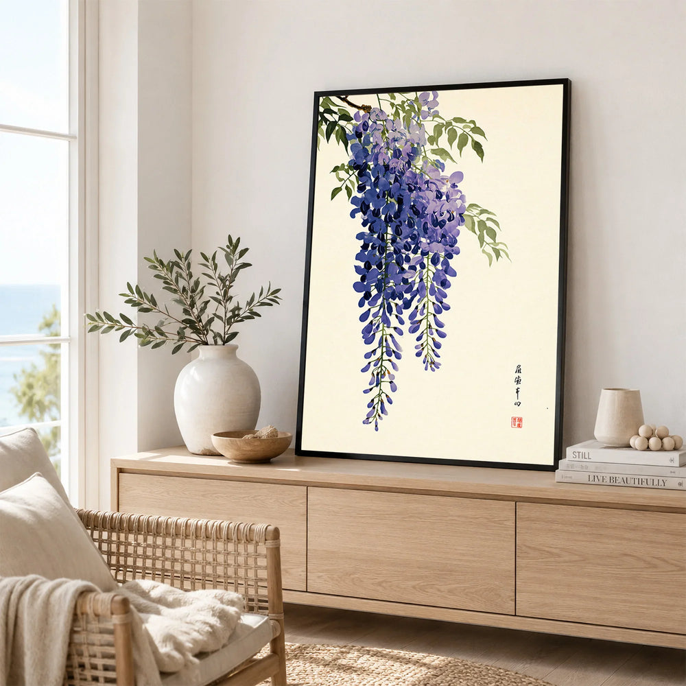 Japanese Wisteria Art Print – Deep Blue Botanical Wall Art — framed artwork living room lifestyle setting