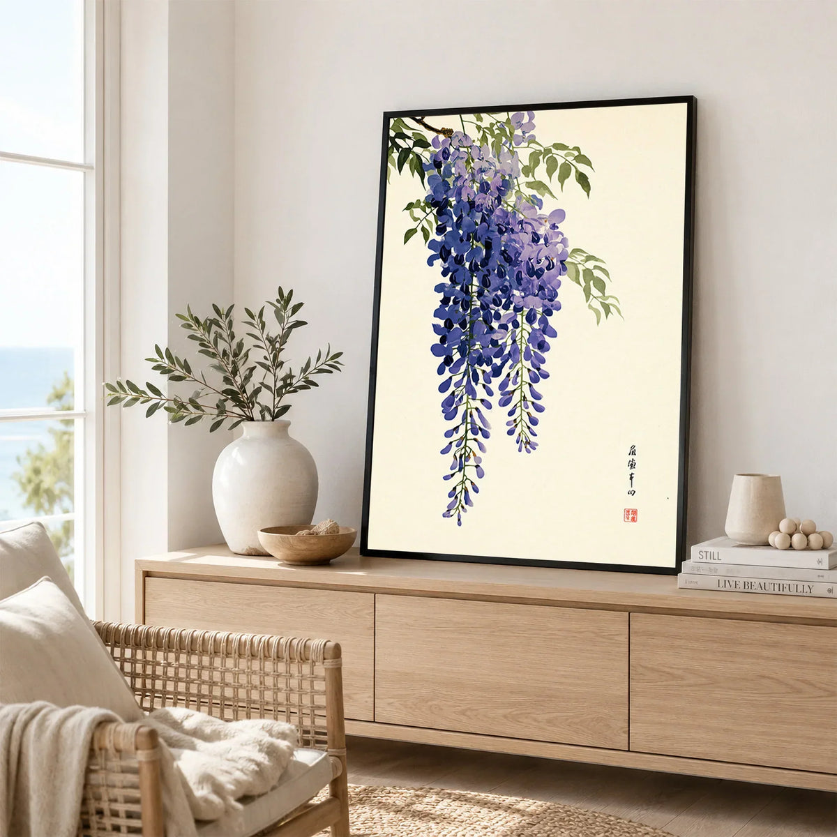 Japanese Wisteria Art Print – Deep Blue Botanical Wall Art — framed artwork living room lifestyle setting