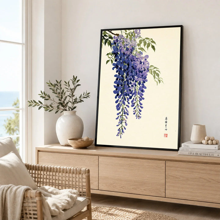 Japanese Wisteria Art Print – Deep Blue Botanical Wall Art — framed artwork living room lifestyle setting