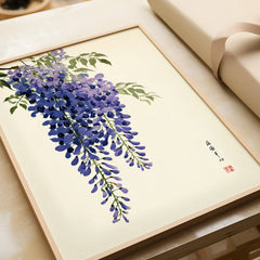 Japanese Wisteria Art Print – Deep Blue Botanical Wall Art — framed art print closeup gift unwrapped natural frame