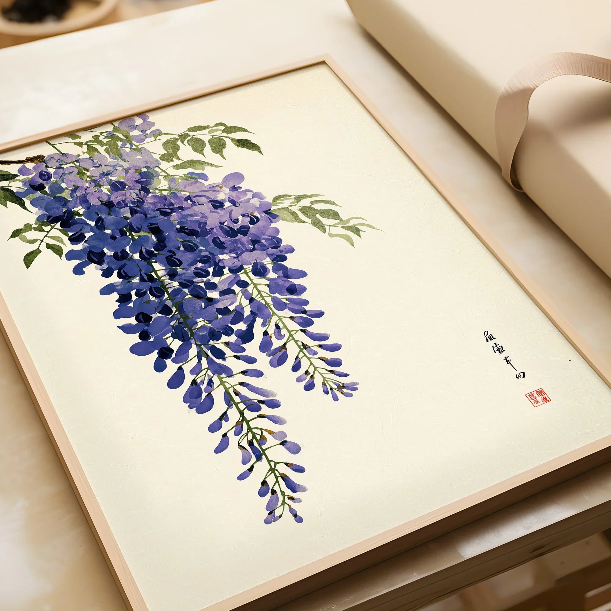 Japanese Wisteria Art Print – Deep Blue Botanical Wall Art — framed art print closeup gift unwrapped natural frame