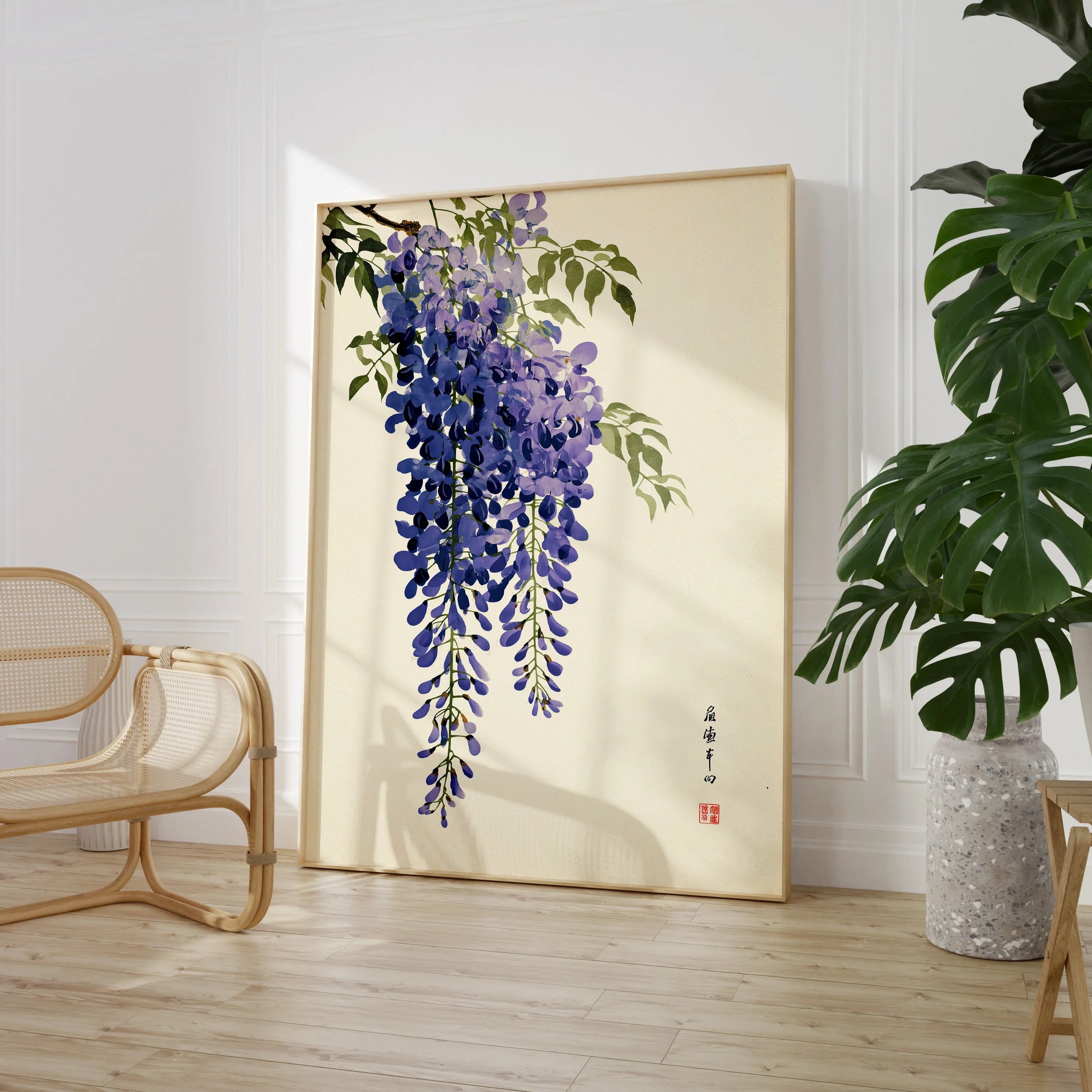 Japanese Wisteria Art Print – Deep Blue Botanical Wall Art — large framed print room setting chair plant