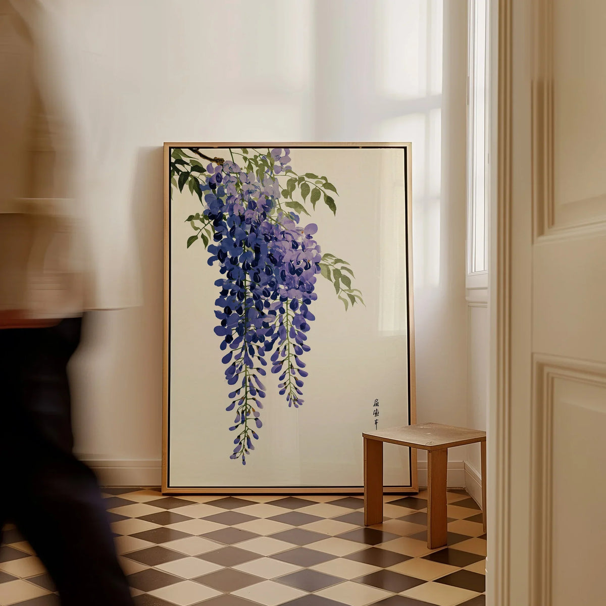 Japanese Wisteria Art Print – Deep Blue Botanical Wall Art — framed canvas on floor man walking past