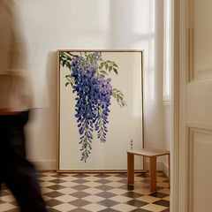 Japanese Wisteria Art Print – Deep Blue Botanical Wall Art — framed canvas on floor man walking past