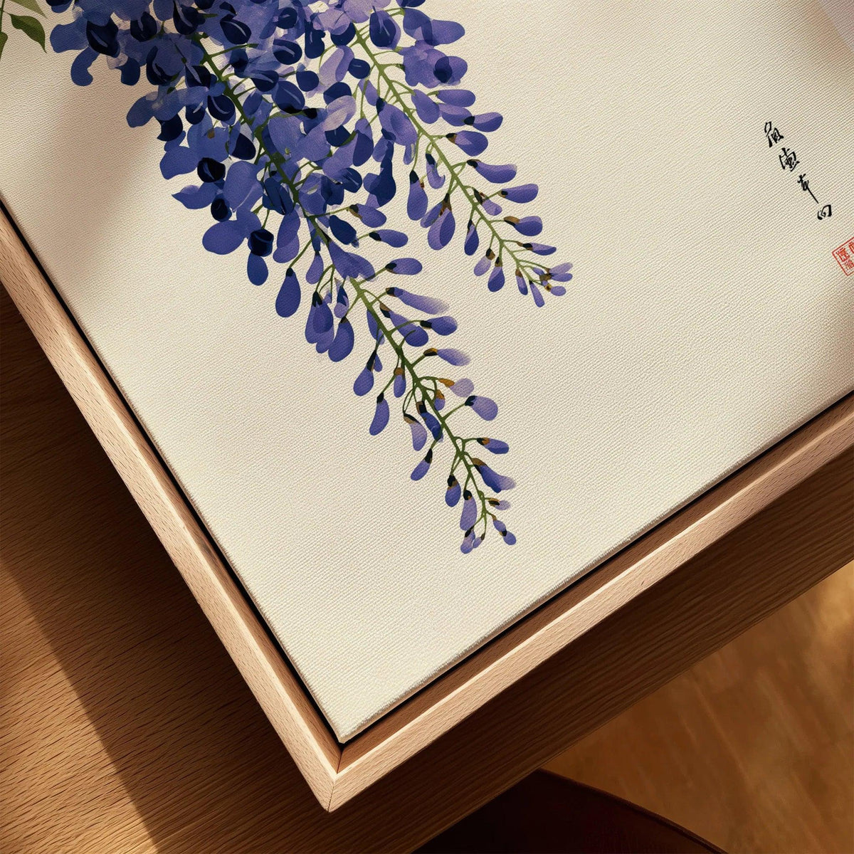 Japanese Wisteria Art Print – Deep Blue Botanical Wall Art — closeup framed canvas natural wood floating frame