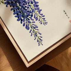 Japanese Wisteria Art Print – Deep Blue Botanical Wall Art — closeup framed canvas natural wood floating frame