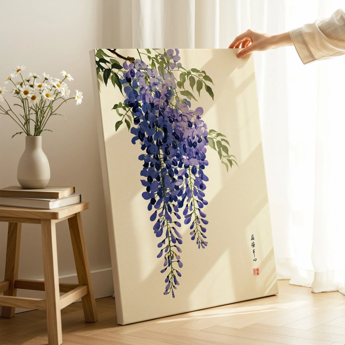 Japanese Wisteria Art Print – Deep Blue Botanical Wall Art — canvas print mirror edge hand holding room setting