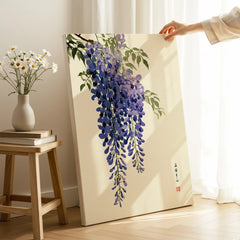 Japanese Wisteria Art Print – Deep Blue Botanical Wall Art — canvas print mirror edge hand holding room setting