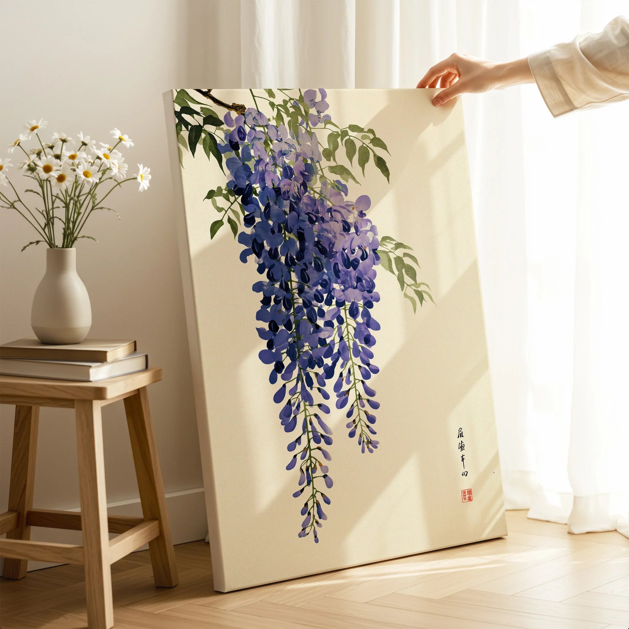 Japanese Wisteria Art Print – Deep Blue Botanical Wall Art — canvas print mirror edge hand holding room setting