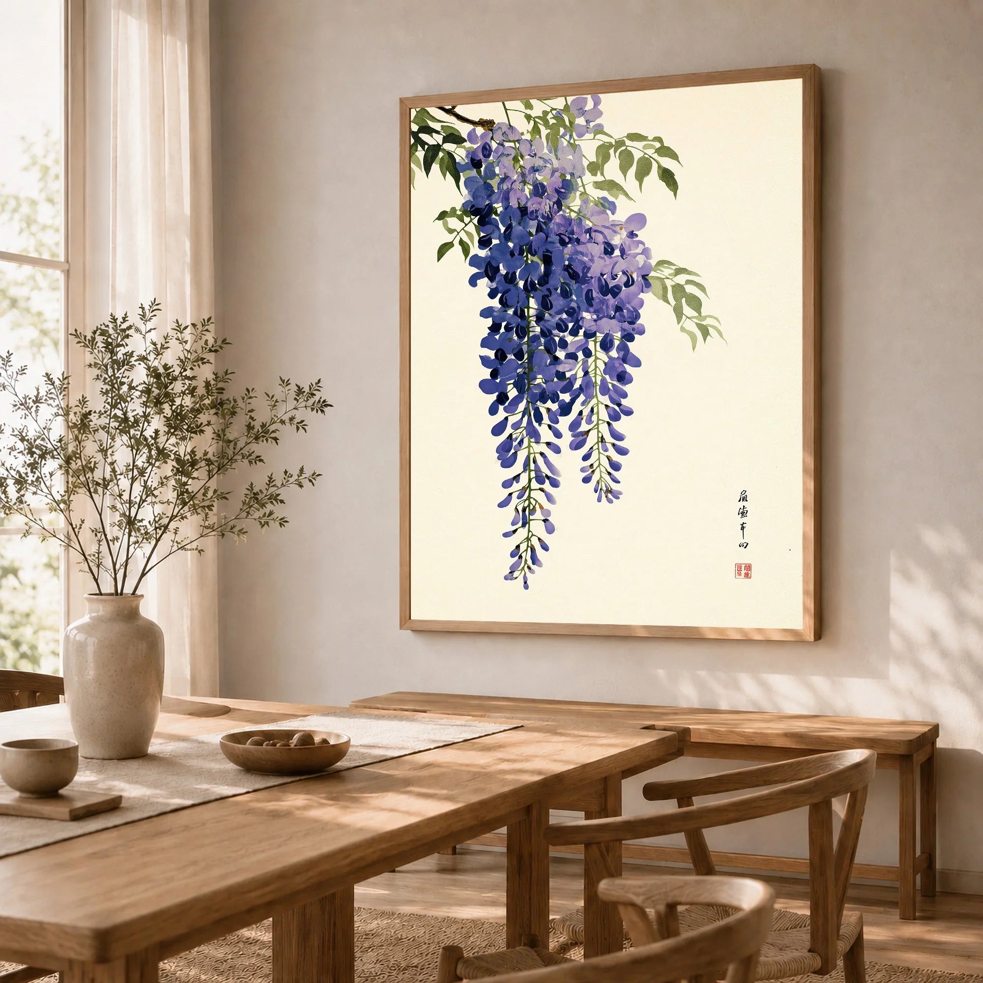 Japanese Wisteria Art Print – Deep Blue Botanical Wall Art — dining room framed print natural wood frame