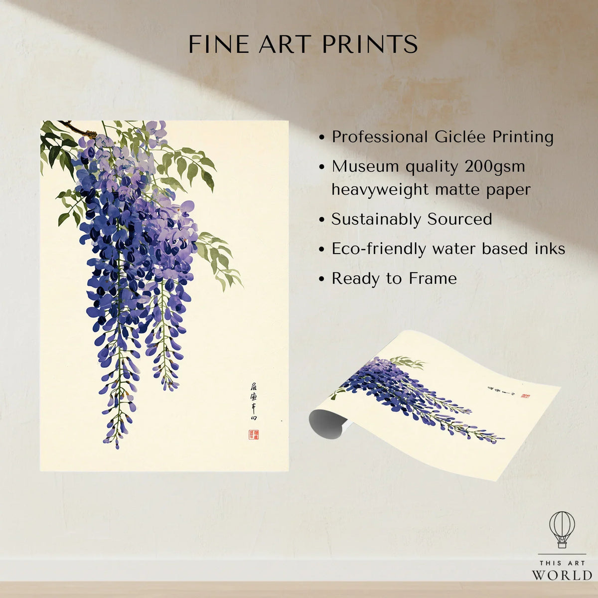 Japanese Wisteria Art Print – Deep Blue Botanical Wall Art — fine art print unframed quality details